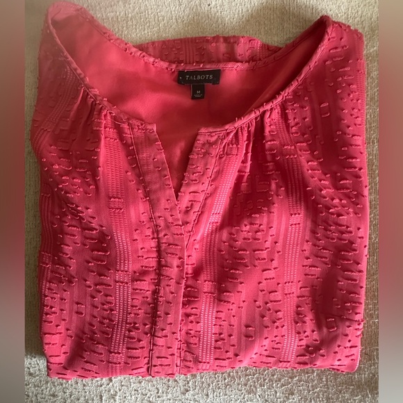 Talbots Top 3/4 Sleeve Sheer Lined Rose Pink Blouse SZ Med 3-Button Front Tunic - Picture 16 of 16